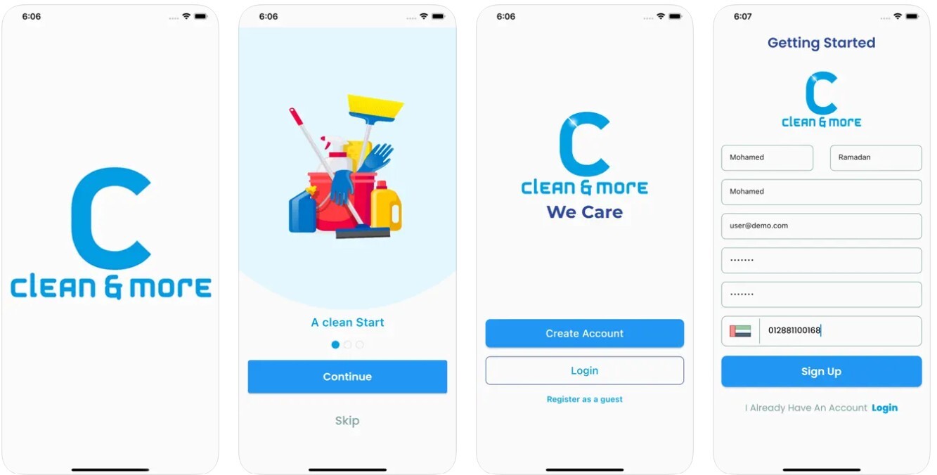 Clean And More application screens